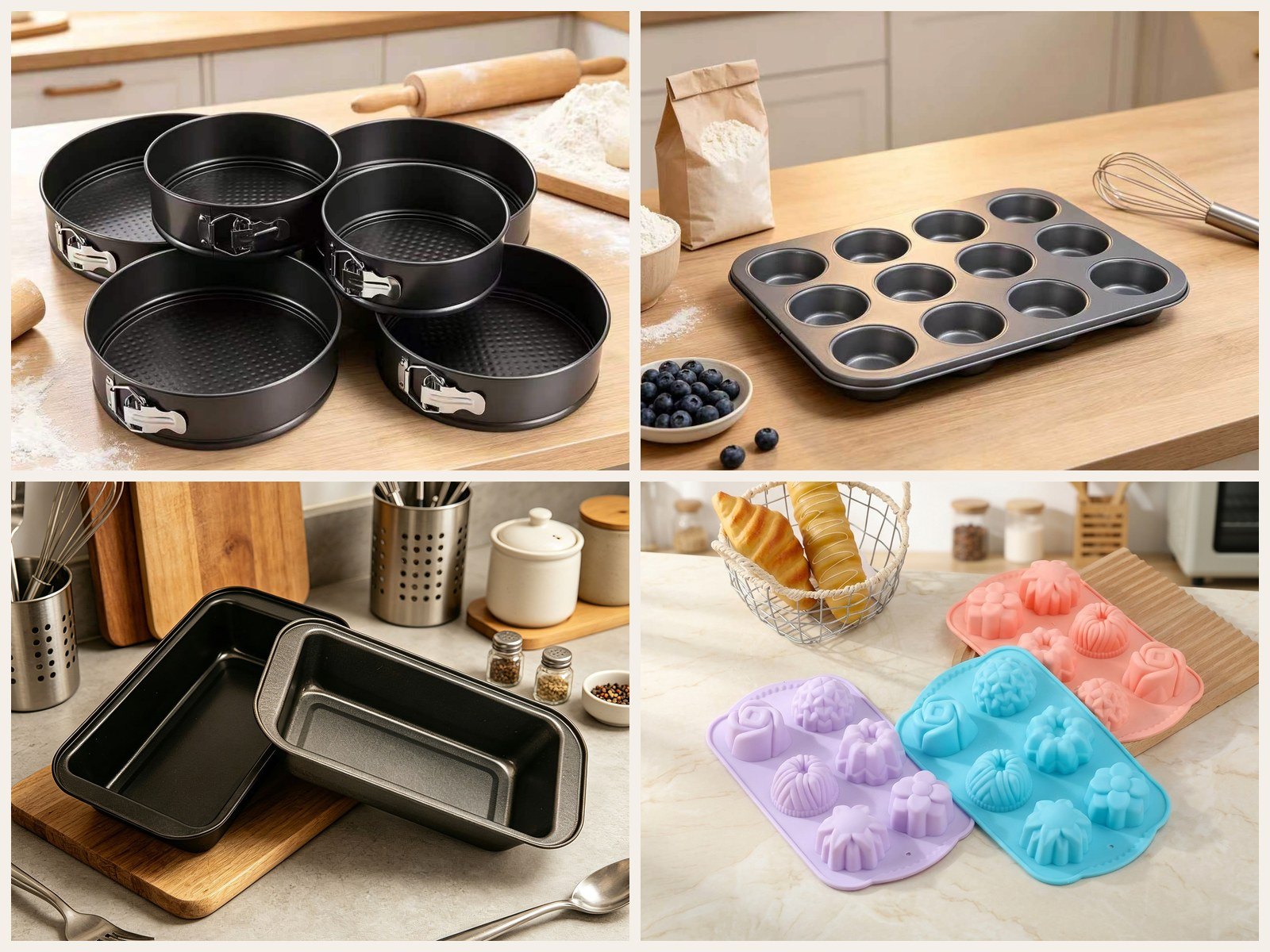 Wholesale bakeware range — carbon steel springform, muffin, loaf pans and silicone molds