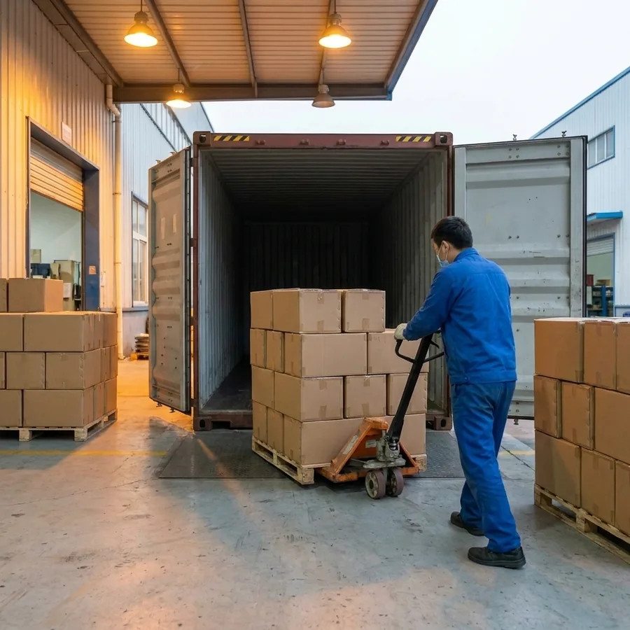Cartons on pallets loaded into an export container for Lagos — Shansen Yongkang bakeware factory dock