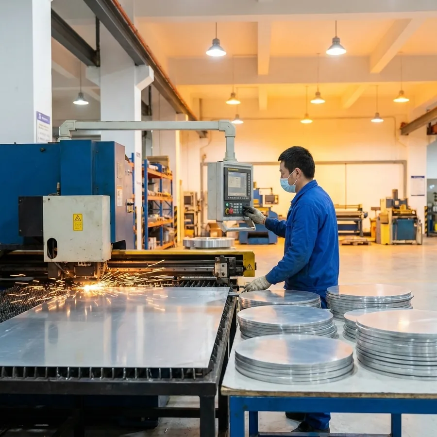 CNC cutting aluminium sheet into round blanks — Shansen Yongkang bakeware factory cutting line