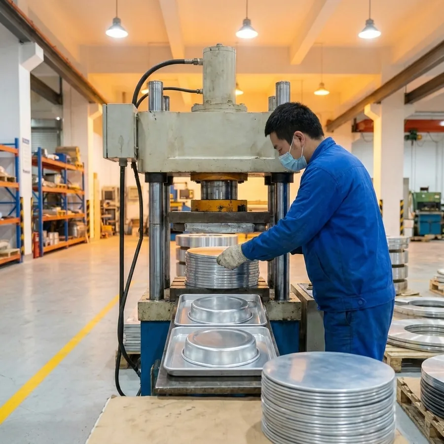 Hydraulic press forming aluminium cake pans and baking trays — Shansen Yongkang bakeware factory