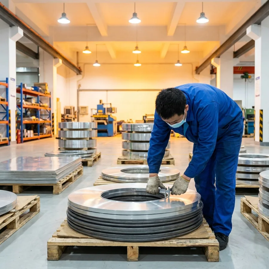 Raw aluminium and steel sheet inspection with a caliper — Shansen Yongkang bakeware factory material check