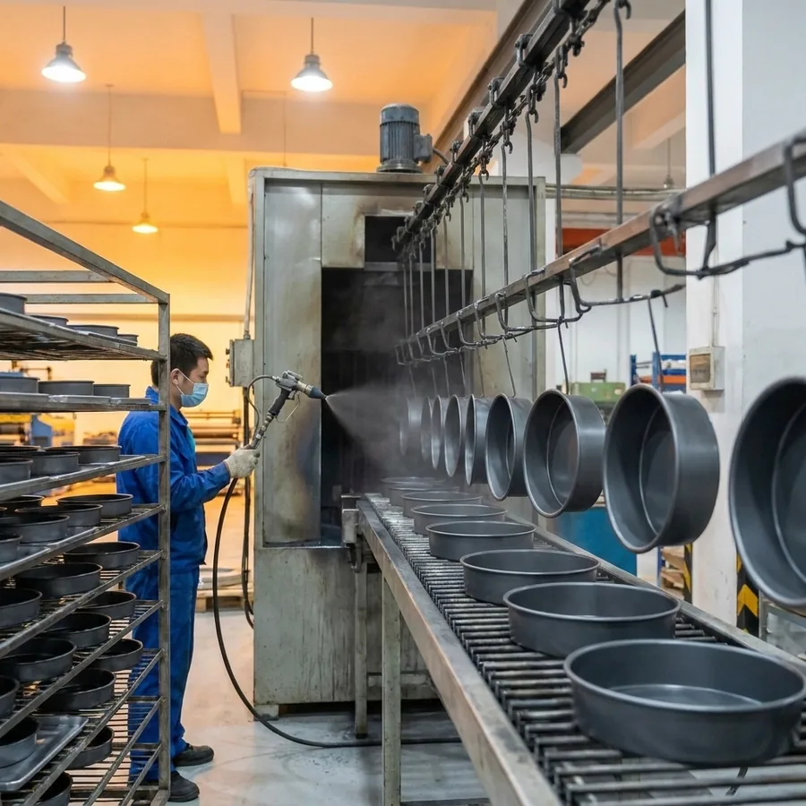 Non-stick coating spray line with baking pans on conveyor racks — Shansen Yongkang bakeware factory
