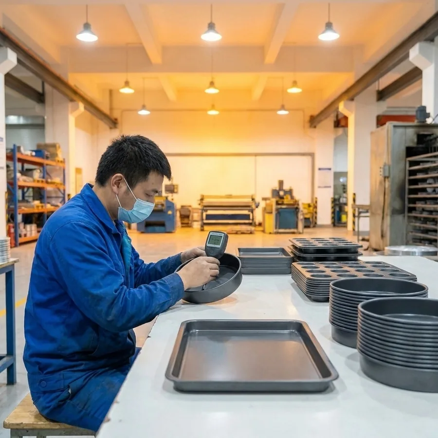Quality control measuring non-stick coating thickness on finished bakeware — Shansen Yongkang factory