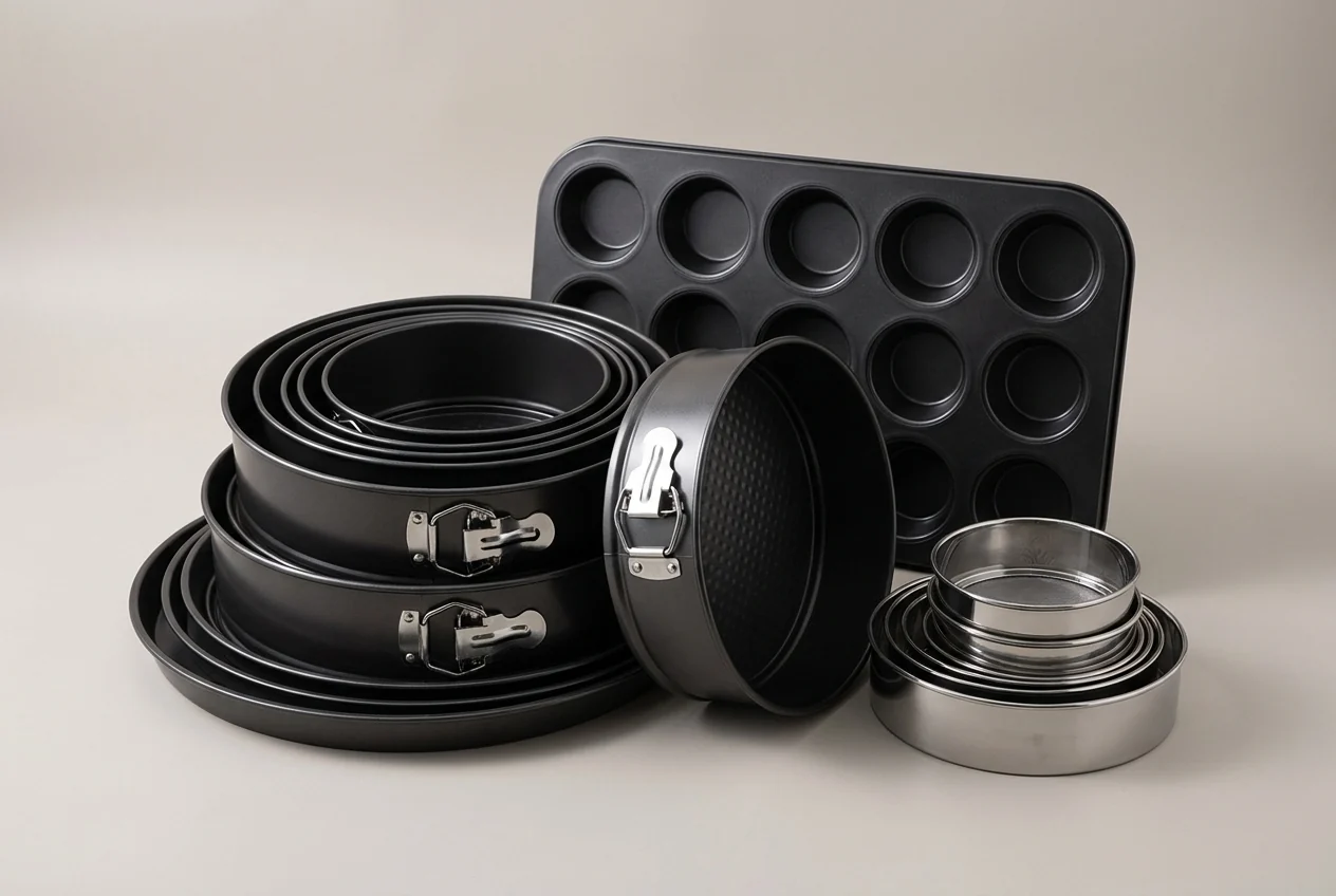 Custom OEM private-label bakeware sample kit — matte-black carbon steel springform pans, cake tins, 12-cup muffin tray and stainless mousse rings from the Shansen Yongkang factory