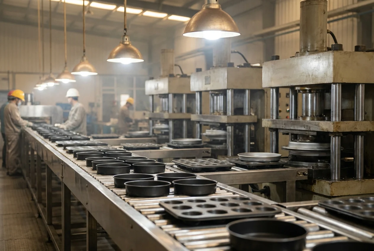 Shansen bakeware production line in Yongkang — rows of black non-stick carbon steel cake pans and muffin trays moving past metal stamping presses