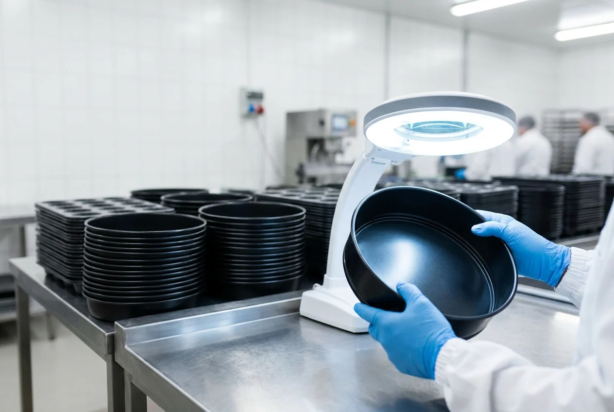 Food-grade quality-control station at the Shansen bakeware factory — gloved hands inspecting a black non-stick carbon steel cake pan under bright inspection light beside rows of finished pans