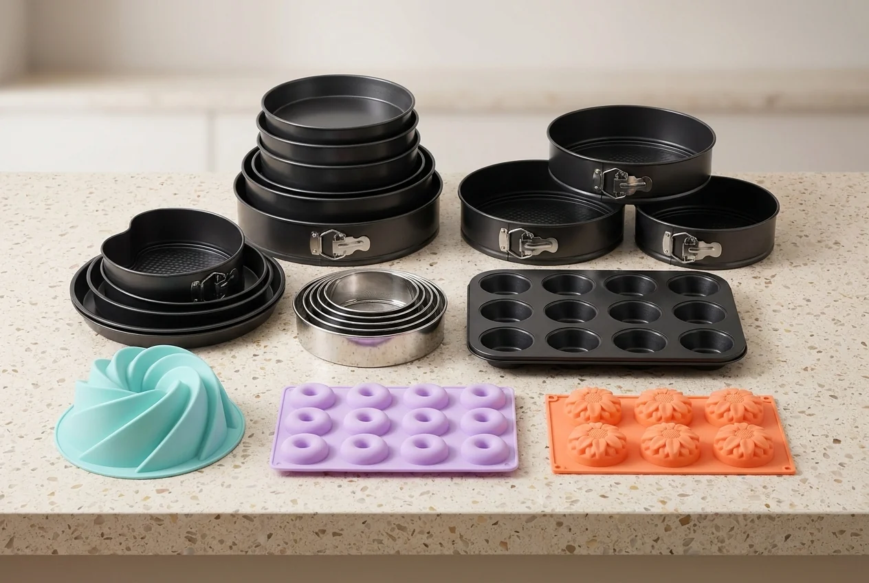 Complete Shansen bakeware wholesale set — carbon steel springform pans, round cake tins, stainless mousse rings, muffin tray and pastel silicone moulds on a stone counter