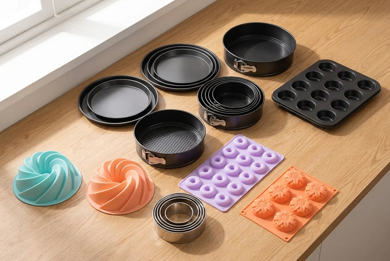 Full Shansen bakeware catalog laid out on an oak counter — carbon steel pans, springform tins, muffin tray, stainless mousse rings and pastel silicone moulds
