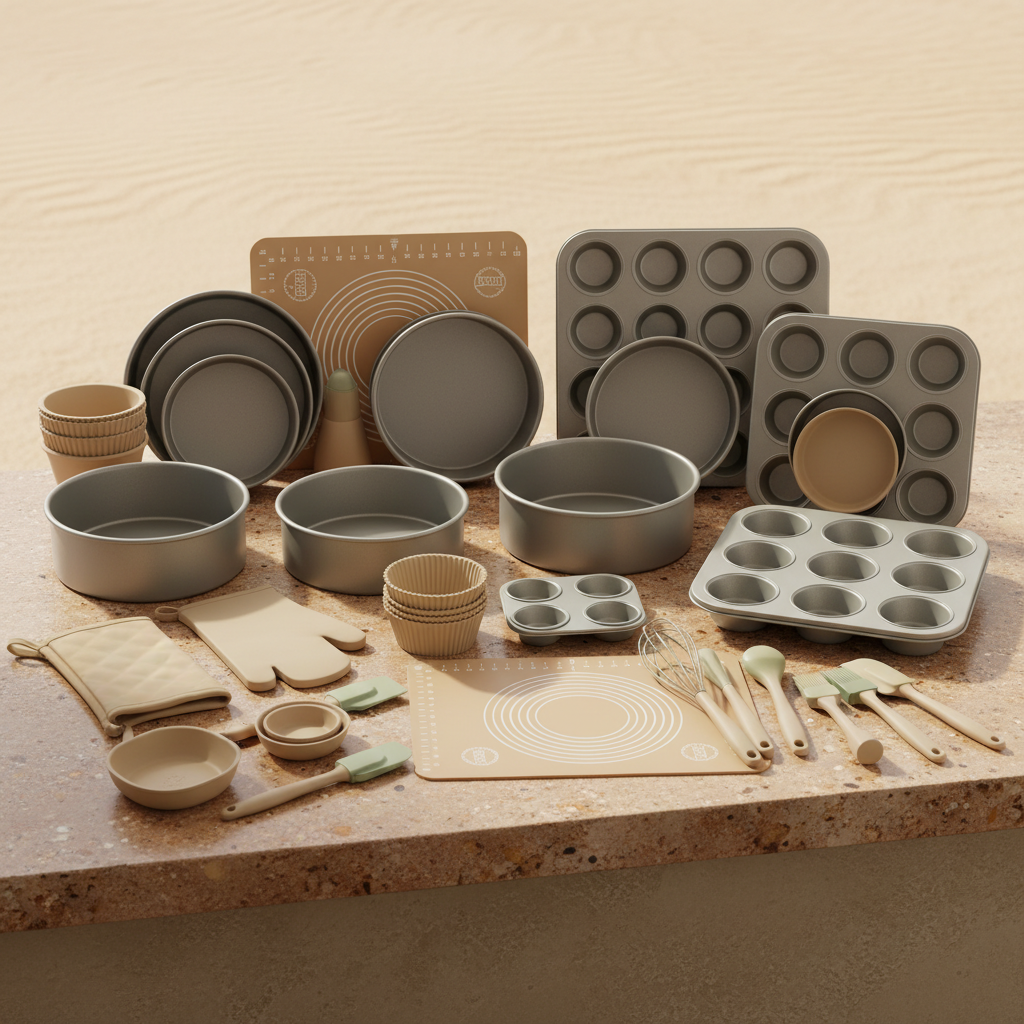 66-piece wholesale bakeware kit flat-lay