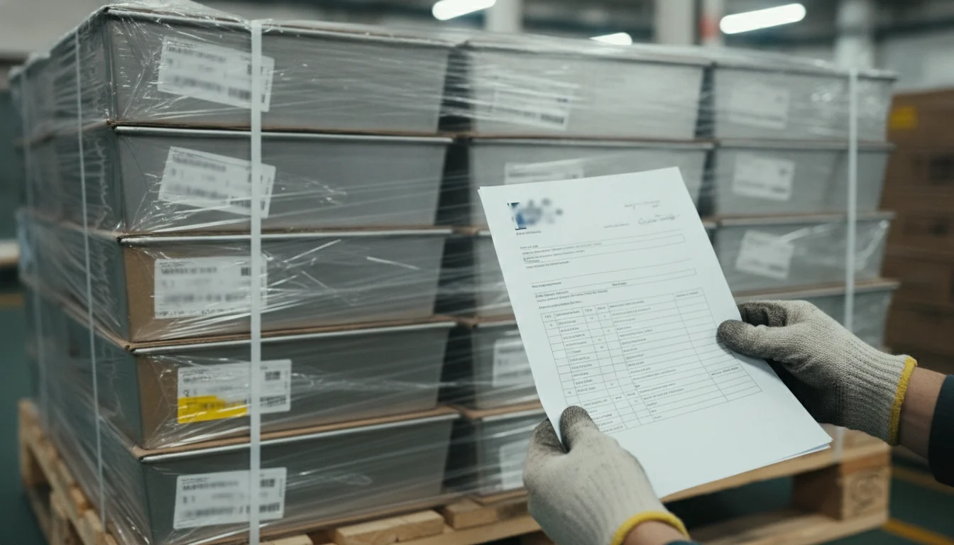 Factory worker verifying PFOA-free test report certificate before bakeware export shipment