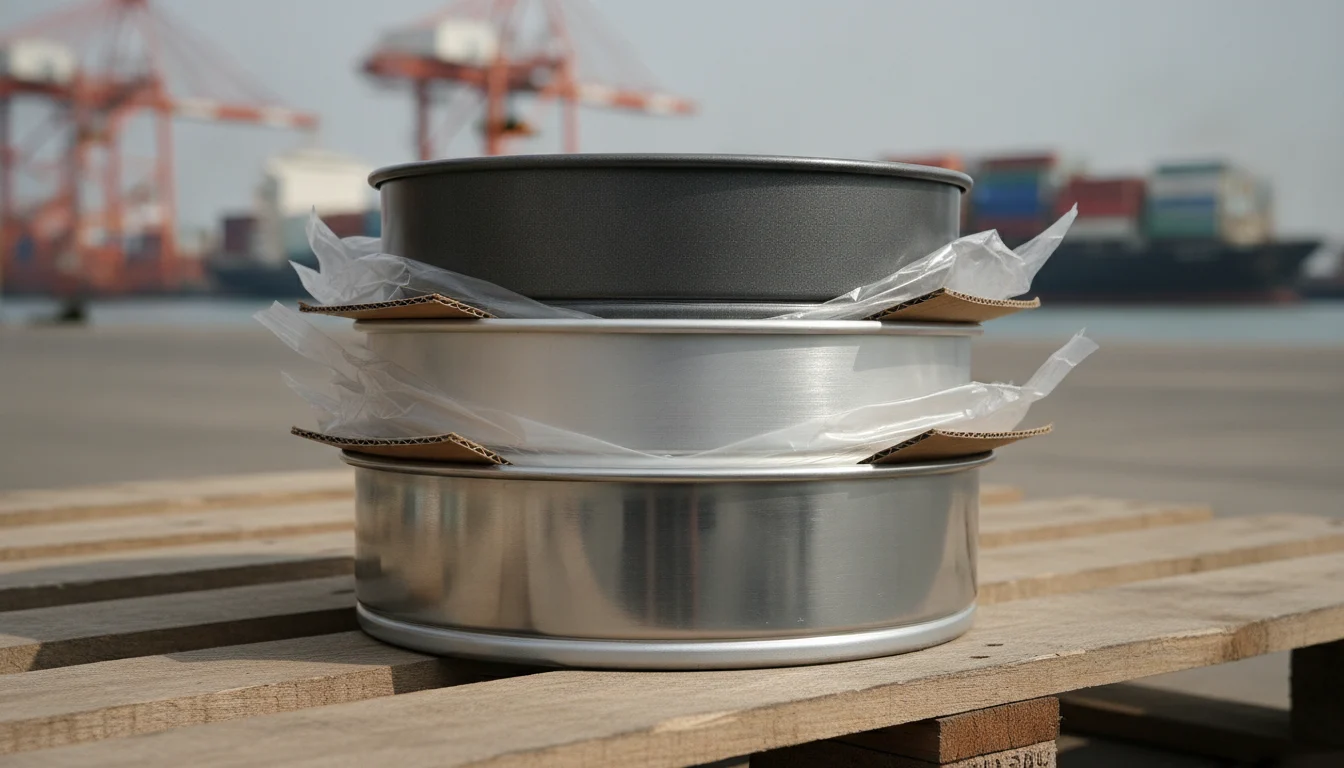 Carbon steel aluminum stainless 8 inch cake pans stacked for export