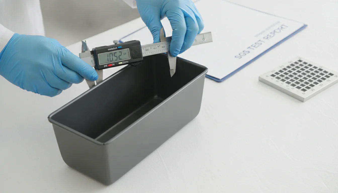 Dimensional inspection of carbon-steel bread tin with calipers and SGS report