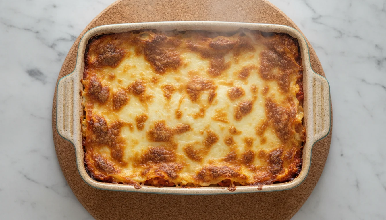 Ceramic bakeware rectangular baker with baked lasagna on marble counter