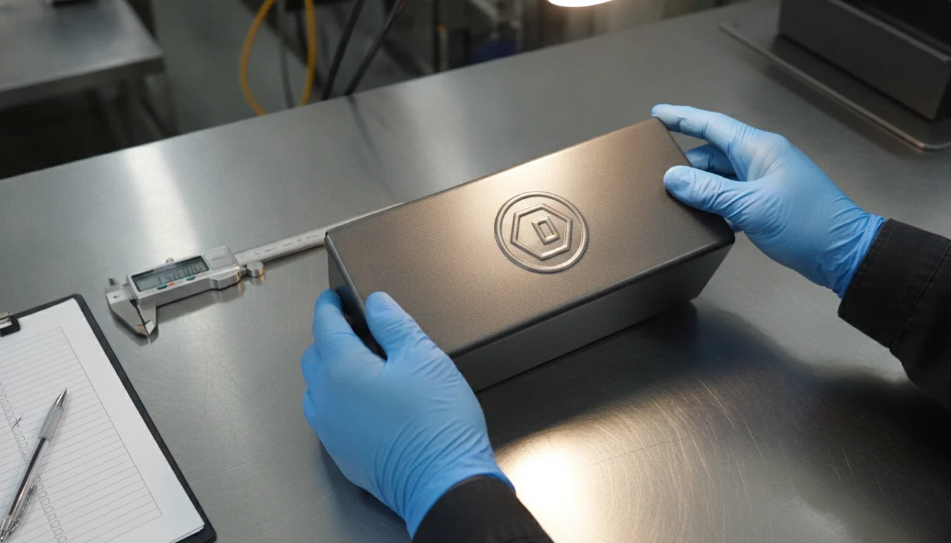 Quality inspector examining embossed logo clarity on custom bread tin sample