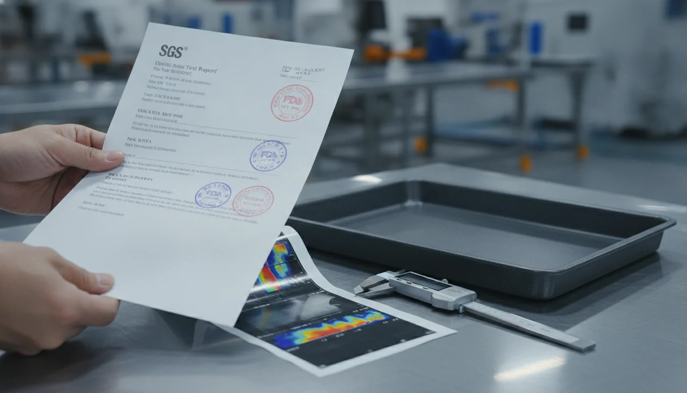 SGS FDA test report and carbon-steel bakeware with quality inspection tools on factory table