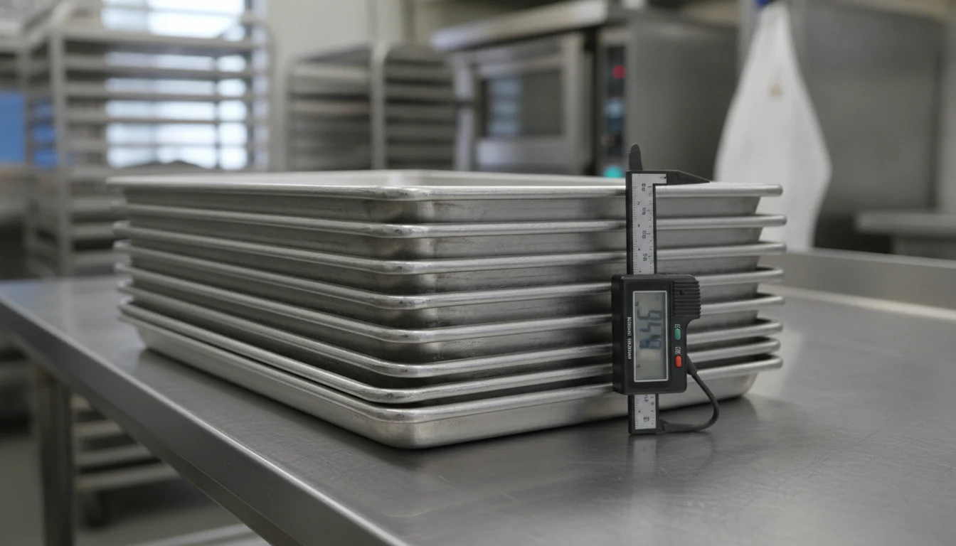 Aluminized steel sheet pan with wire-rolled rim and thickness gauge measurement