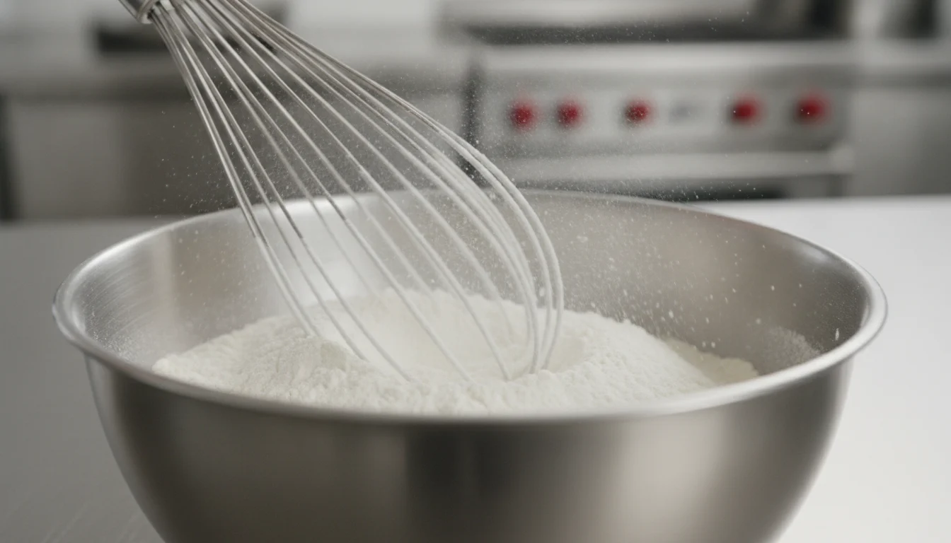 Balloon whisk aerating flour in stainless-steel bowl closeup