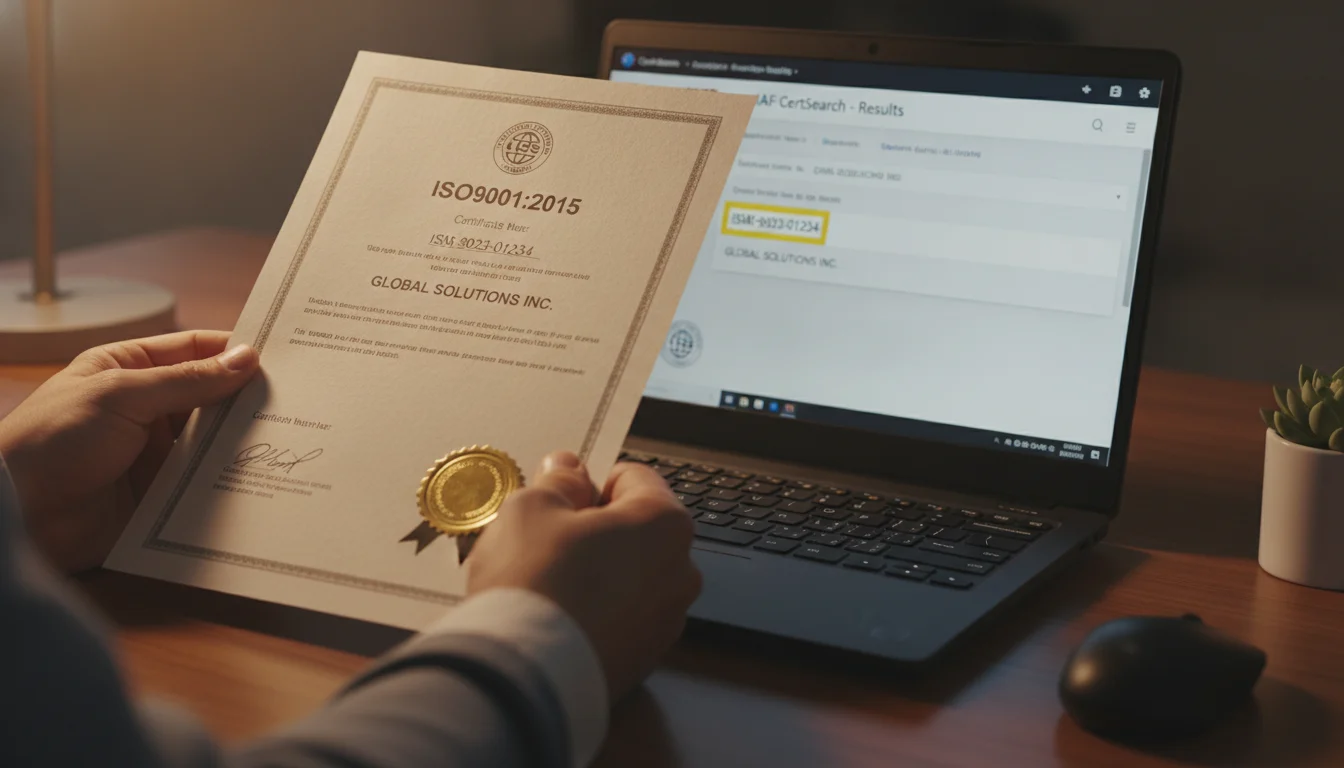 Close-up of ISO9001 certificate verification using IAF CertSearch database