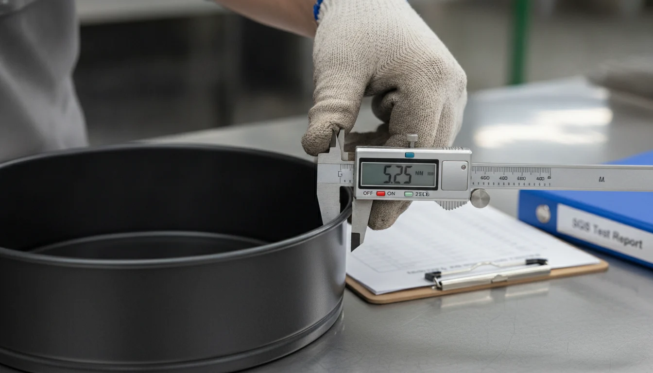 Quality inspector measuring carbon steel cake pan rim thickness with digital caliper