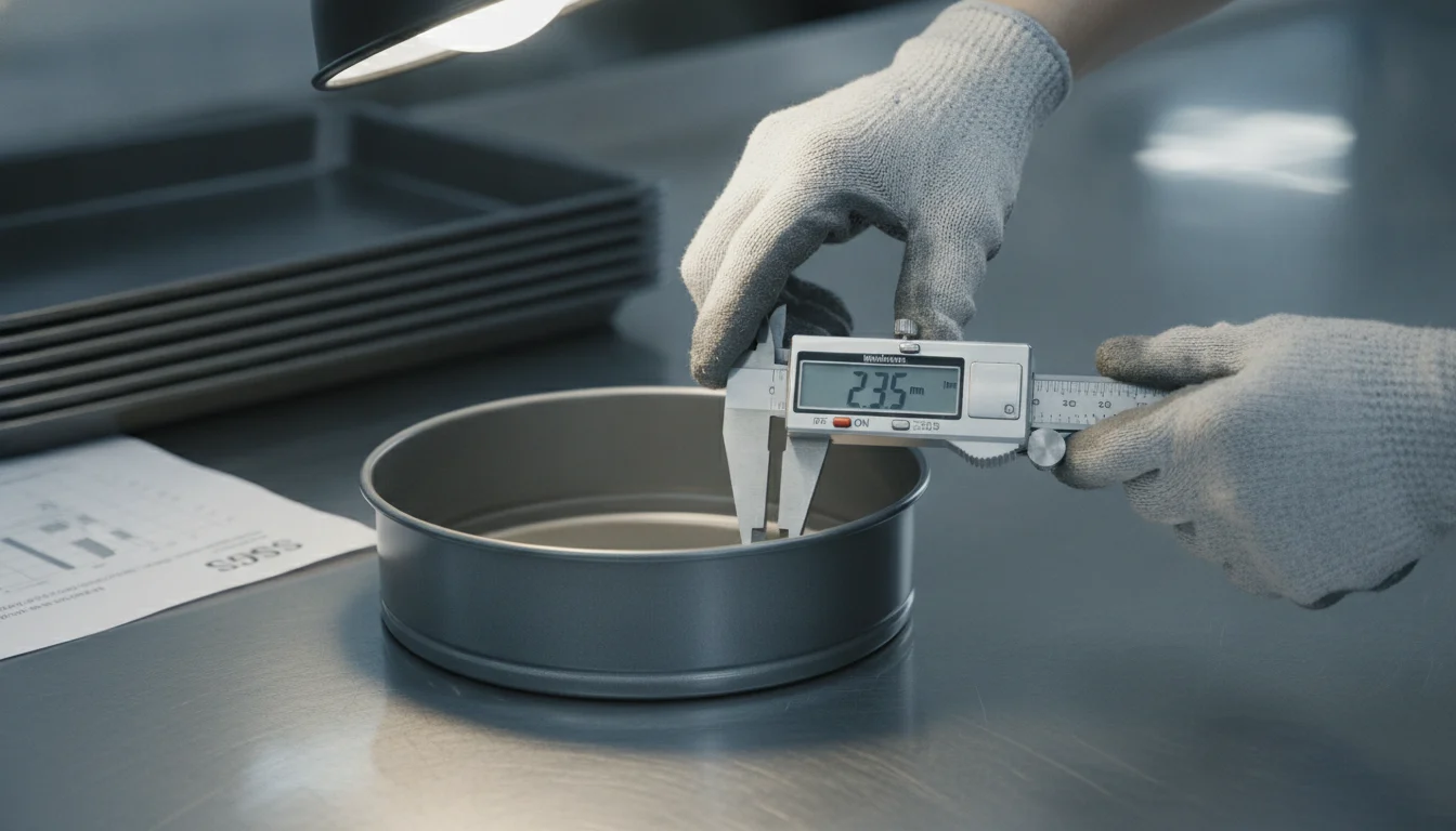Quality-control measurement of carbon-steel cake pan with SGS test report at Yongkang bakeware factory