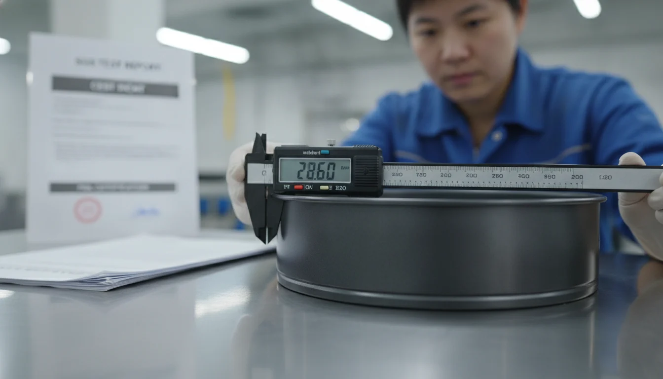 Factory inspector measuring round cake pan diameter depth verification