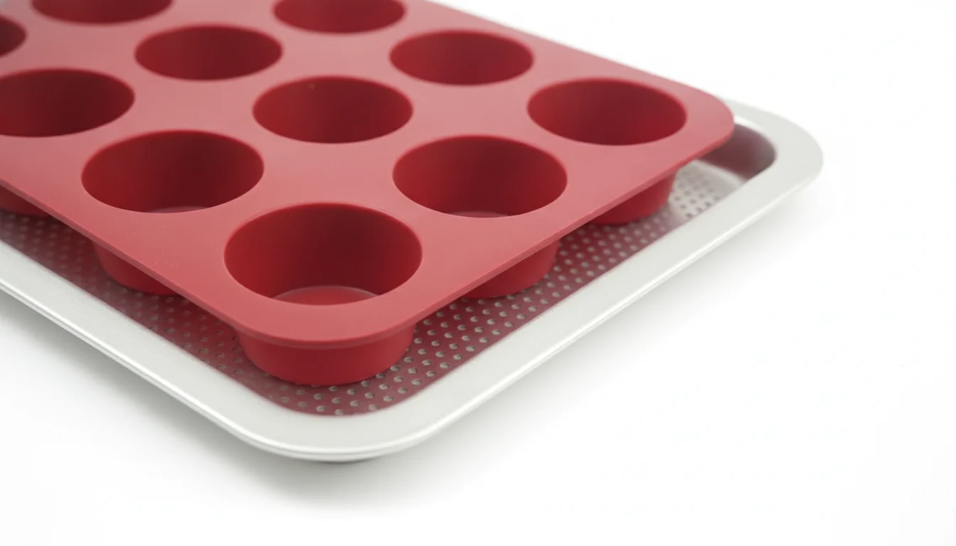 Silicone muffin tray on metal support showing wall thickness detail