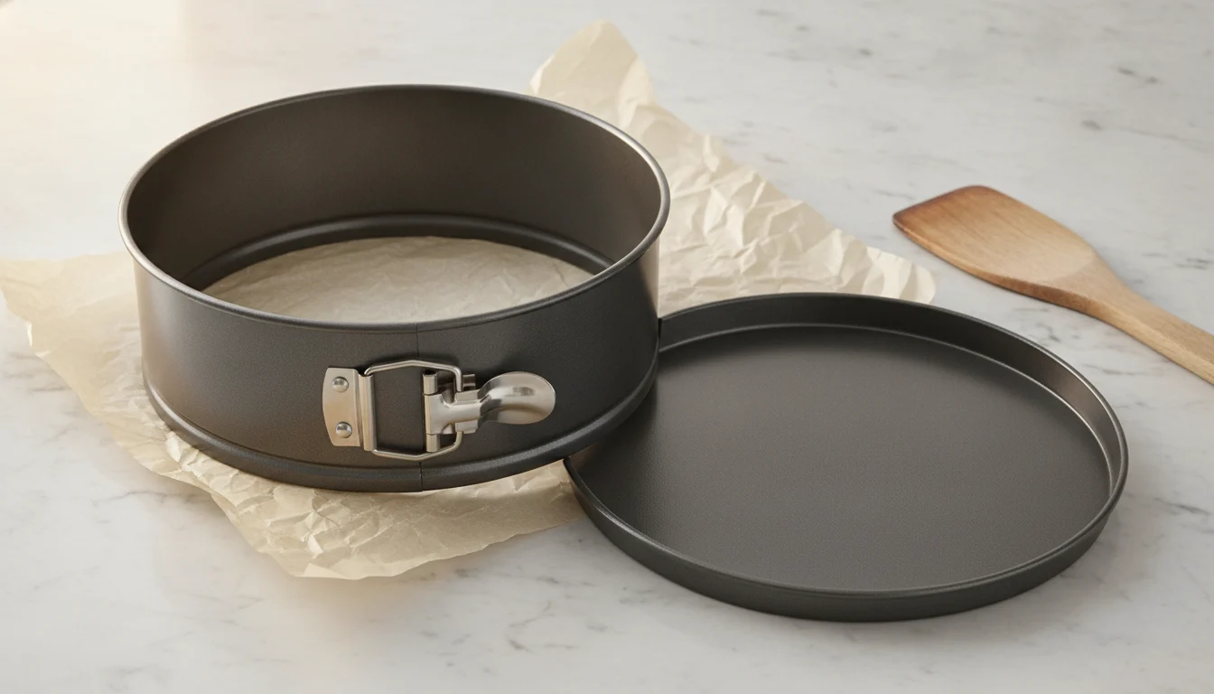 Carbon-steel removable-bottom pan showing base-plate mechanism for easy release