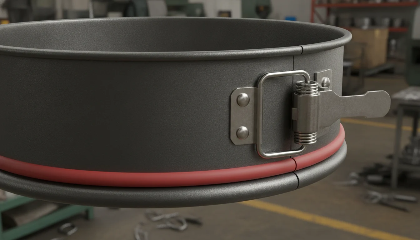 Springform pan latch and gasket seal detail close-up